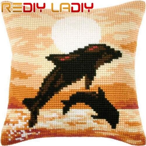 Cross Stitch Cushion Sunset Scenery Make Your Own Pillow DIY Chunky Cross Stitch Kits Printed Canvas Acrylic Yarn Pillow Case