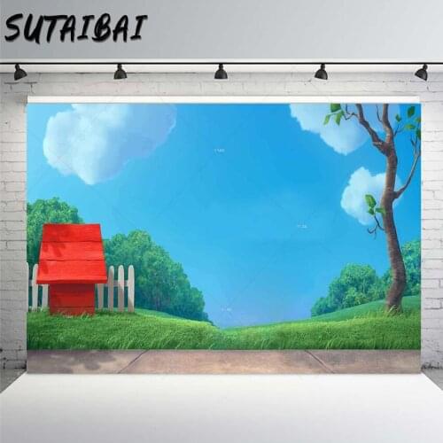 Cartoon Red Dog House Blue Sky Photography Backdrop Birthday Children Kids Cake Smash Background Cake Table Banner Studio Props