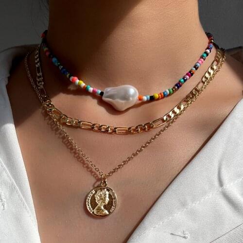 New Bohemian Golden Portrait Coin Cross Necklace Set For Women Multilayer Crystal Heart Metal Twisted Chain Beaded Beach Jewely