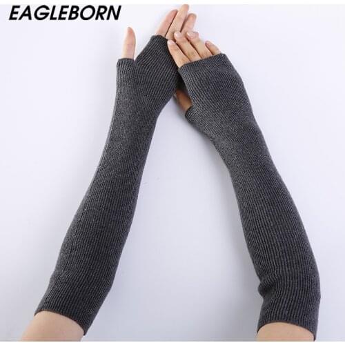 EAGLEBORN Women Winter Arm Warmers 95% Cashmere Fingerless Long Gloves Solid Warm Mittens Elbow Thread Knitted Sleeves 45cm