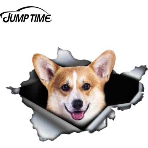 Jump Time 13cm x 8.7cm Corgi Funny car sticker Torn Metal Decal Wild Animal Window Car Stickers Bumper 3D Car Styling