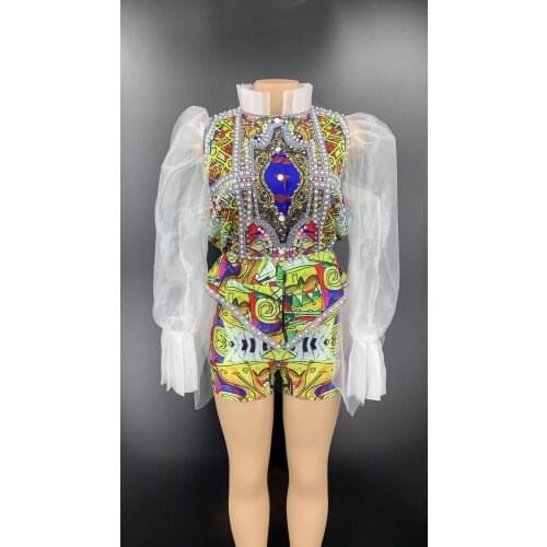 Multi-color Pattern Rhinestone Pearl Shirt Short Transparent Lace Sleeves Outfit Women Dancer Show Outfit Set