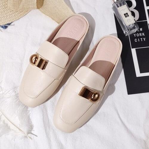 Ladies Autumn Black Leather Slides Womens Mules Lazy Slippers Home Shoes Female Platform Designer Flip Flops Low Heels Sandals