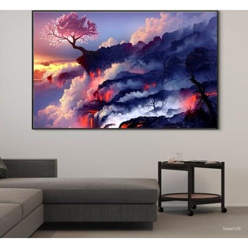 Modern Volcanic Cliff Natural Landscape Wall Art Canvas Poster Print Wall Modular Pictures Pink Tree Living Room Decor Artwork