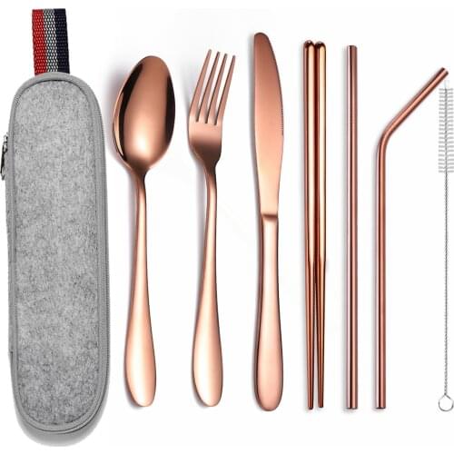 Outdoor Tableware Portable Cutlery Sets Rose Gold Dinnerware Sets Camping Cutlery Stainless Steel Straw Chopsticks Eco Friendly