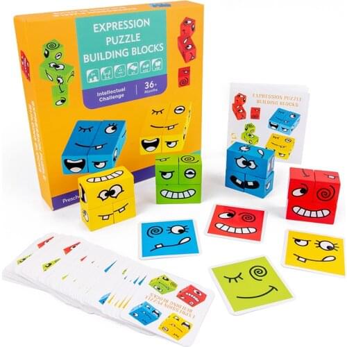 Party Games for Children Expression Puzzle Building Blocks Wooden Paper Cards Early Education Toys Kids Intellectual Challenge