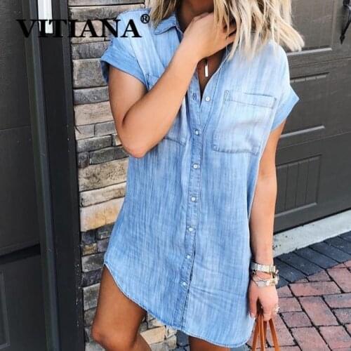 VITIANA Women Sky Blue Sexy Denim Dress Summer 2020 Female Short Sleeve Pockets Buttons Mini Dresses Femme Casual Vestidos