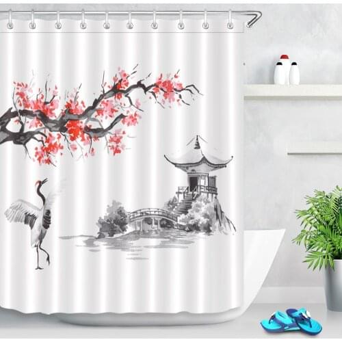 Japan Traditional Painting Sakura Pavilion Crane Shower Curtains Waterproof Bathroom Curtain Fabric For Bathtub Decor