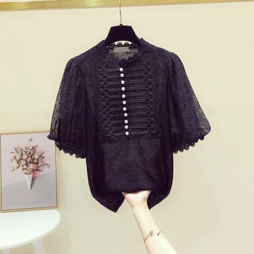 Stand Collar Lace Shirt for Women Short Sleeve 2021 Summer New Elegant Ladys Clothing Slim Fit Blusas Femme