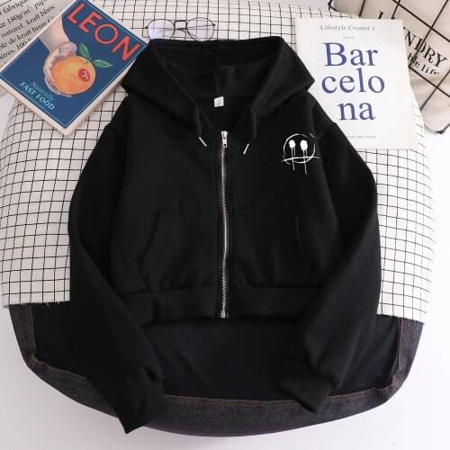 Zip-up Women Korean Style Hoodies Simplicity Black Line Design Pattern Printing Cotton Short Lightweight Long Sleeve Pullover