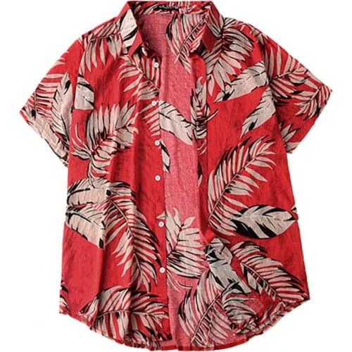 2021 New Fashion Men Shirt Lapel Leaf Print Lightweight Short Sleeve Buttons Hawaiian Shirt for Club