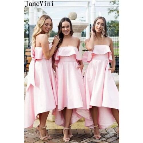 JaneVini Elegant Pink High Low Bridesmaid Dresses with Big Bow Woman Wedding Party Night Gown Boat Neck Maid of Honor Dress 2021