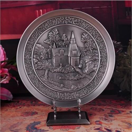 European retro metal crafts display plate hanging plate Ancient tin color Building decoration plate home decoration gift A20