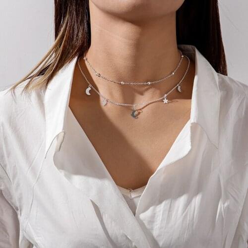 Trendy Doublelayer Tassel Star Necklaces Pendants for Women Girl Metal Crescent Moon Choker Necklaces Female GIfts Jewelry