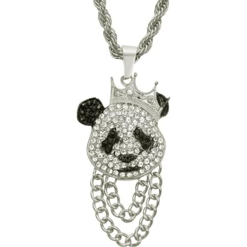 Bling Full Rhinestone Cute Panda Pendant Necklace for Male Ice Out Gold Silver Chain Necklace Men Charm Hip Hop Jewelry