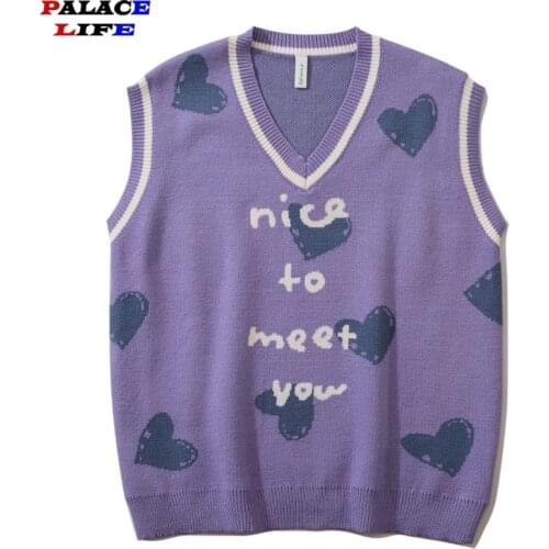 2021 New Mens Sleeveless Sweater Vest Heart Letter Print Vintage Knitted Woman Loose Pullover V-neck Casual Couple Vest Sweaters