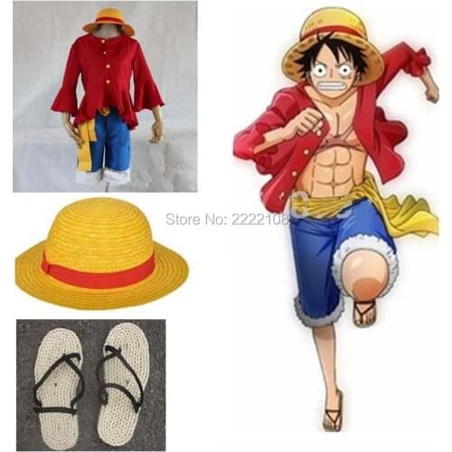 New One piece Costume Cosplay,One piece Monkey D. Luffy cosplay Halloween Costume Set T Shirt+Pants+Hat+belt+shoes,Free shipping