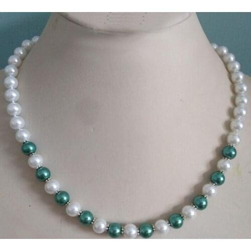 Woman classic jewelry necklace 8mm round bead white deep green mixed Natural SOUTH SEA SHELL PEARL NECKLACE 18'' 45cm