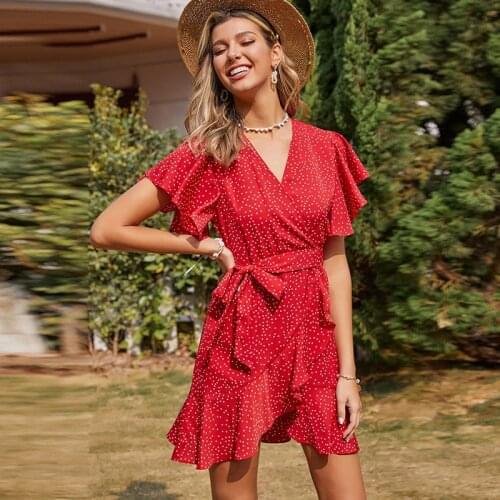 V-Neck Ruffled Floral Dress Woman French Elegance High Waist Mini A-Line Dress 2021 New fashion Summer Holiday Country style