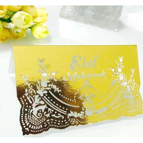 Q0KF 100pcs Eid Mubarak Decoration Table Card Ramadan Party Hollow Out Seat Placecard