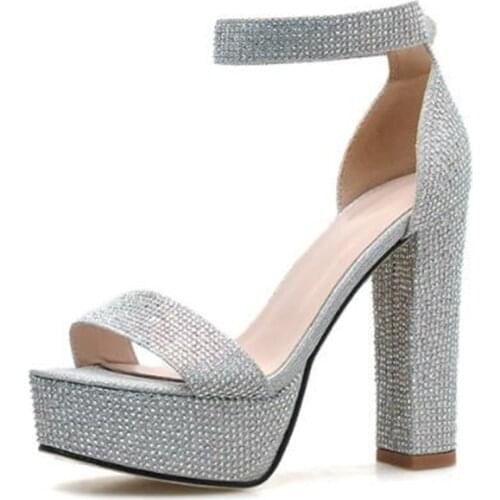 Sandalias Womens Sandals Ladies Pumps Fashion Sequined Cloth Buckle Strap 12.5CM Thick High heels waterproof Bling women shoes
