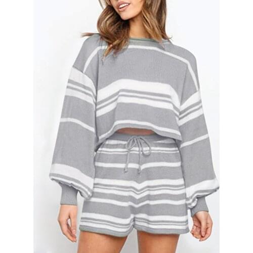 Womens home service suit 2021 Fashion Sets Home Casual Loose Striped Pullover Long Sleeves And Shorts Top Two-Piece Suit
