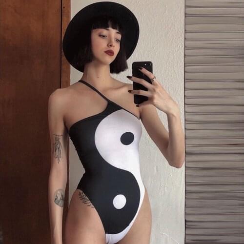 ZHYMIHRET Black And White Taiji Print Bodysuit Women Swimmwear Sexy Backless Top 2021 Summer Bodies For Women Festival Clothing