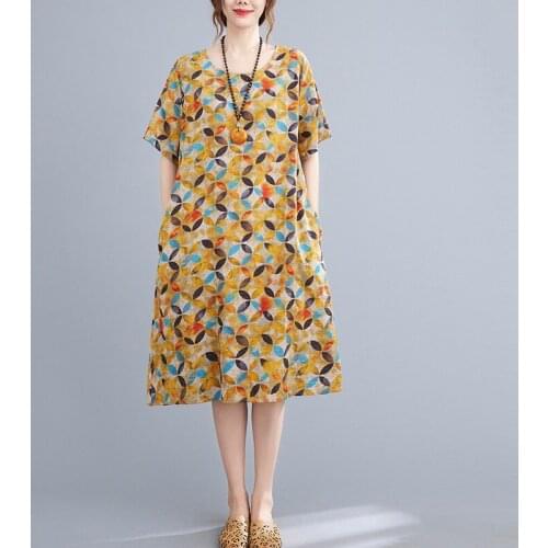 Women Summer Loose Casual Dress New Arrival 2021 Vintage Style Geometric Print Cotton Linen Female A-line Long Dresses B557