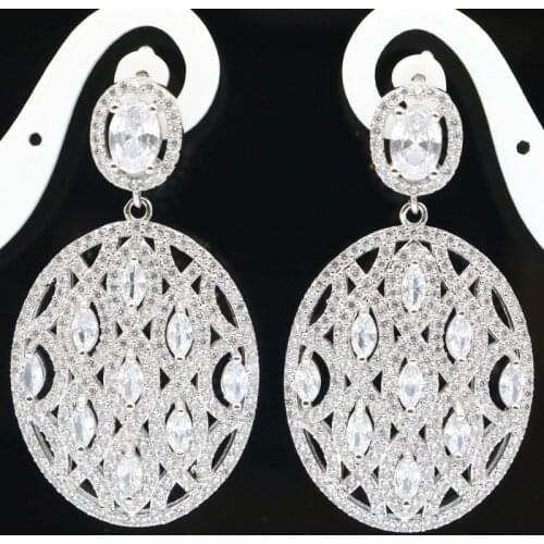 45x25mm European Style Created White Bright Cubic Zircon For Bride Fine Jewelry Wedding Silver Earrings
