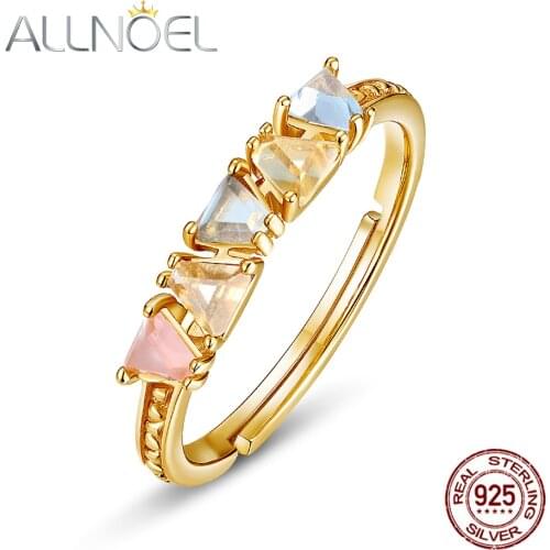 ALLNOEL 925 Sterling Silver Jewelry Women Rings Synthetic Rose Quartz Smoky Quartz Blue Topaz Labradorite Adjustable Ring New