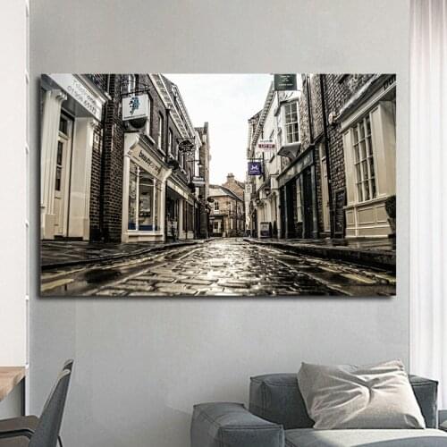 Retro City Street Landscape Oil Painting on Canvas Art Posters and Prints Scandinavian Wall Picture for Living Room Cudros Décor