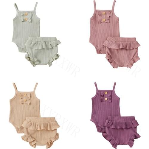 0-24M Newborn Toddler Kids Boys Girls Clothes Sets Knitted Sleeveless Button Romper Ruffles Tutu Shorts Infant Casual Clothing