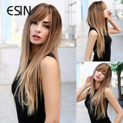 Inhair Cube Synthetic Wigs Dark Brown Long Natural Wave Middle-part Thin Flat Bangs Simulation Scalp For White/Black Women