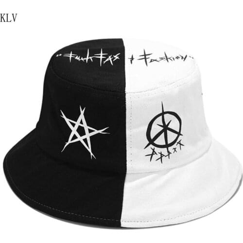 Unisex Summer Black White Color Block Bucket Hat Star Eye Graffiti Printed Patchwork Harajuku Hip Hop Fisherman Cap