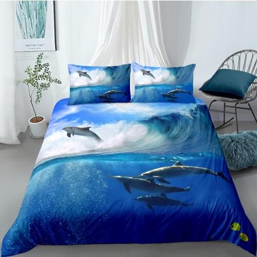 3D Duvet Cover Sets Quilt Covers Comforter Case Set Bedding Set King Queen Full Twin Double Single Size Bed Linen Blue Dolphin