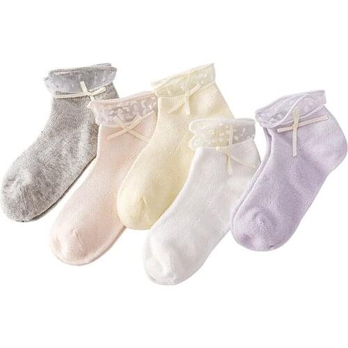 5 Pairs/Lot New Summer Mesh Childrens Lace Cotton Childrens Socks Solid Color Princess Breathable Mesh Bows Baby Socks