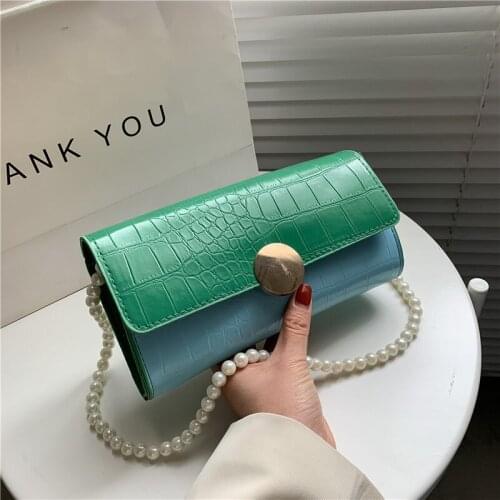 Retro crocodile pattern small square bag for women pearl bead strap shoulder messenger bag contrast color splice women handbag