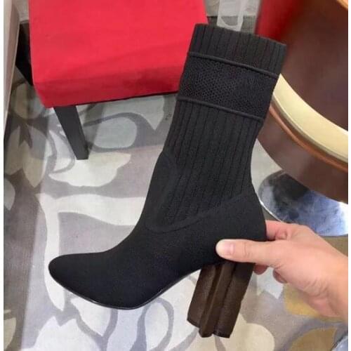 Stretch Socks Boots Womens High Heels Shoes Knit Socks Boots Skinny Women Mesh Fabric Autumn Winter Boots