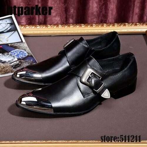 Ntparker Fashion Mens leather shoes buckle strap pointy Mteal Front Cap high heels Business dress oxford shoes for men