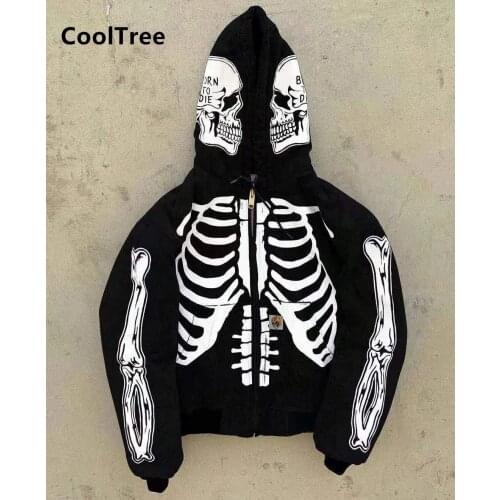 CoolTree Men Casual Jackets Spring Autumn Skull Painting Hooded Coats Male High Street Hip Hop Sweatshirt Graffiti Outerwear Top