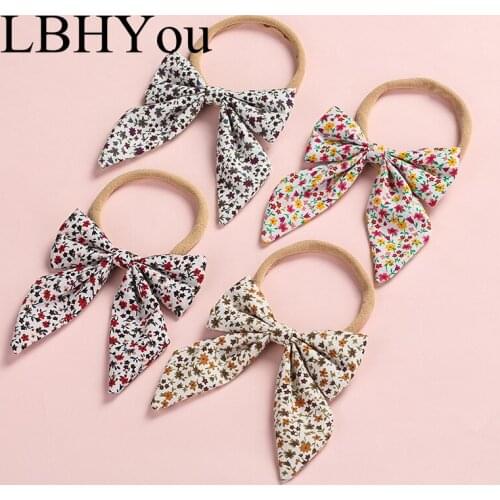 3.5 Inches Flowers Print Sailor Bows Nylon Hairbands School Girls Handmade Fabric Knotbows Elastic Nylon Headwear Party Headband