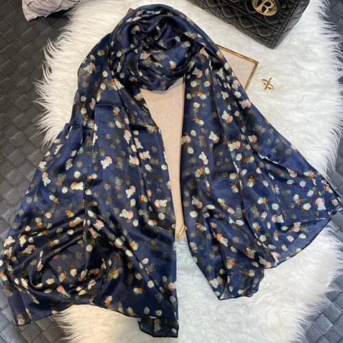 New Navy Blue Roses Silk Scarf Women Fashion Accessories Summer Beach Shawls Cover-ups Fall Winter Brand Long Scarves Shawls
