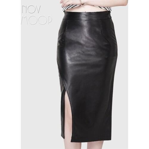 Novmoop genuine leather sheepskin soft touch split side feminine elegant office women skirt Jupe femme en cuir véritable LT3421