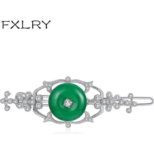 FXLRY New Arrival Classic Hairpins for Women Wedding Shiny CZ Hair Accessories Exquisite Green Stone Clips Jewelry Gift