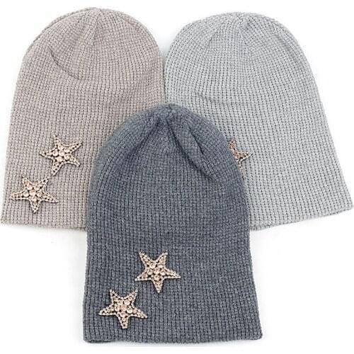 Charm Adult Cashmere Beanie Hat Autumn Winter Warm Skull Cap Beanies Pullover Cap With 2 Diamonds Stars Rhinestone Accessories