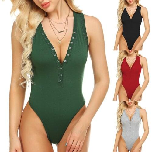 V-neck Sexy Womens Spring And Summer Jumpsuit One-piece Sports Gym Ladies Triangle Jumpsuit Sexy Solid Color Buttons Bodysuit