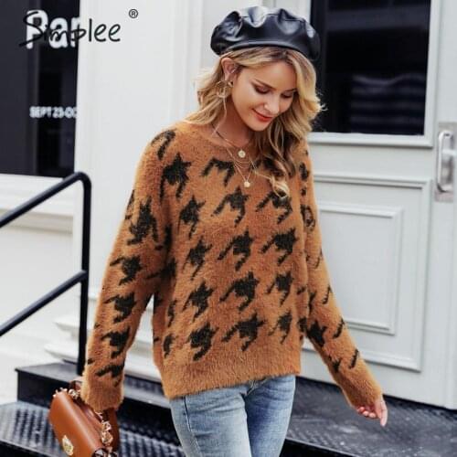 Simplee Houndstooth patchwork knitted mohair sweater women Winter casual soft sweaters female pullovers O-neck lady sweater 2019
