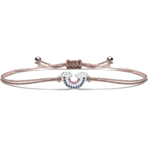 Blue White Cubic Zirconia Stones Small Copper Rainbow Charm Bracelet Women Joyful CZ Brass Red Cord Handmade Jewelry Present