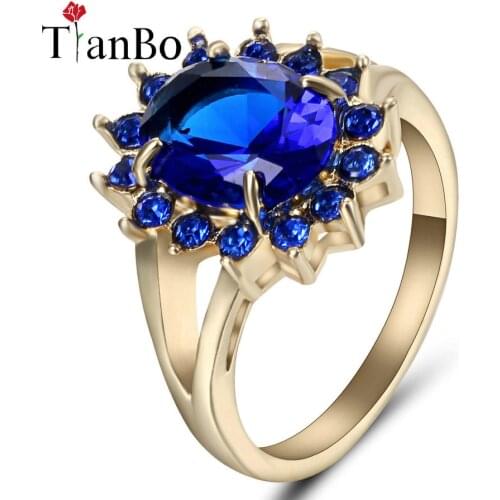 TianBo Top Quality Princess Created Red / Kate Blue Gem Crystal Silver/Black/Gold Color Wedding Finger Ring Brand Jewelry Size 7