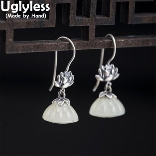 Uglyless Natural Gemstones Jade Lotus Earrings for Women Vintage Ethnic Thai Silver Lotus Flowers Earrings 925 Silver Brincos